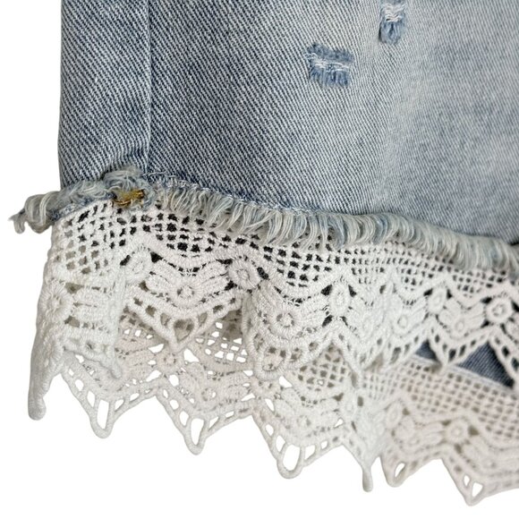 Free People Distressed Denim Lace-Trim Shorts, 26 - Picture 6 of 8